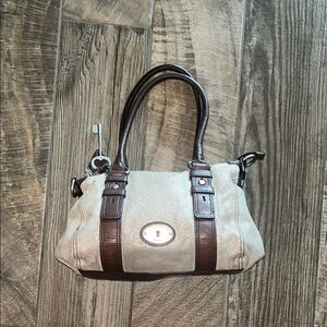 Fossil Cream and Brown leather Satchel with Structured Design 15”x1”x7”.